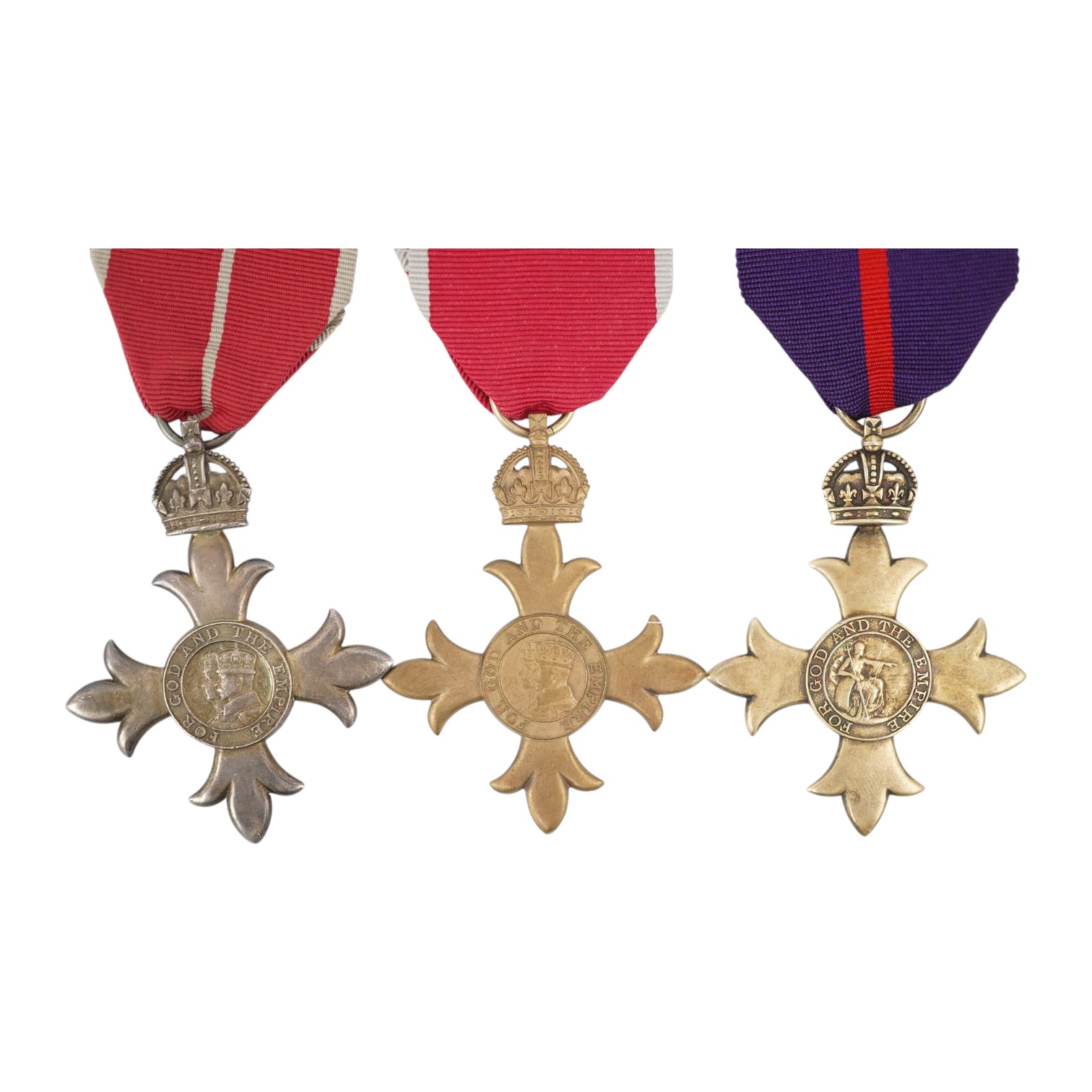 Three George V Orders; a 1st type military OBE, a 2nd type civil OBE and a 2nd type military MBE. Condition - fair to good.